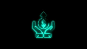 Neon green glowing hands holding dollar sign with arrow pointing