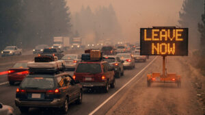 An emergency evacuation scene with a long line of cars stuck in traffic on a highway. A digital sign reads 'Leave Now' as people flee a wildfire, with thick smoke and ash filling the air and belongings packed on cars.