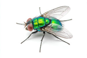 New World screwworm fly displays vivid green coloration and detailed wing patterns, resting on a surface, emphasizing its role in the ecosystem and biological diversity