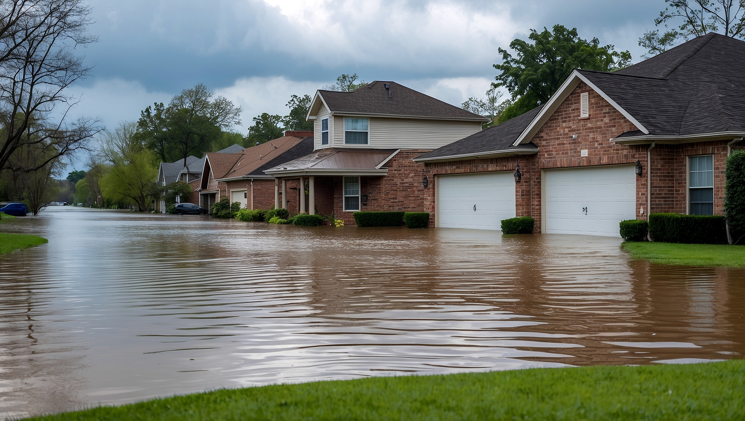 Suburban homes inundated by severe storm flooding.