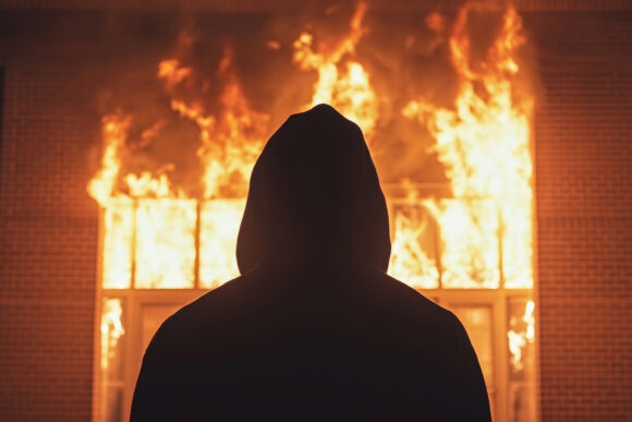 Dark Scene of Person in Black Hoodie Facing Burning Brick Silhouette