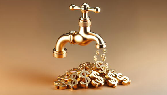 A golden faucet with a stream of golden dollar signs flowing out