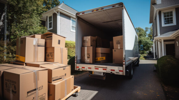 An open moving truck filled with cardboard boxes in the driveway of a suburban house
