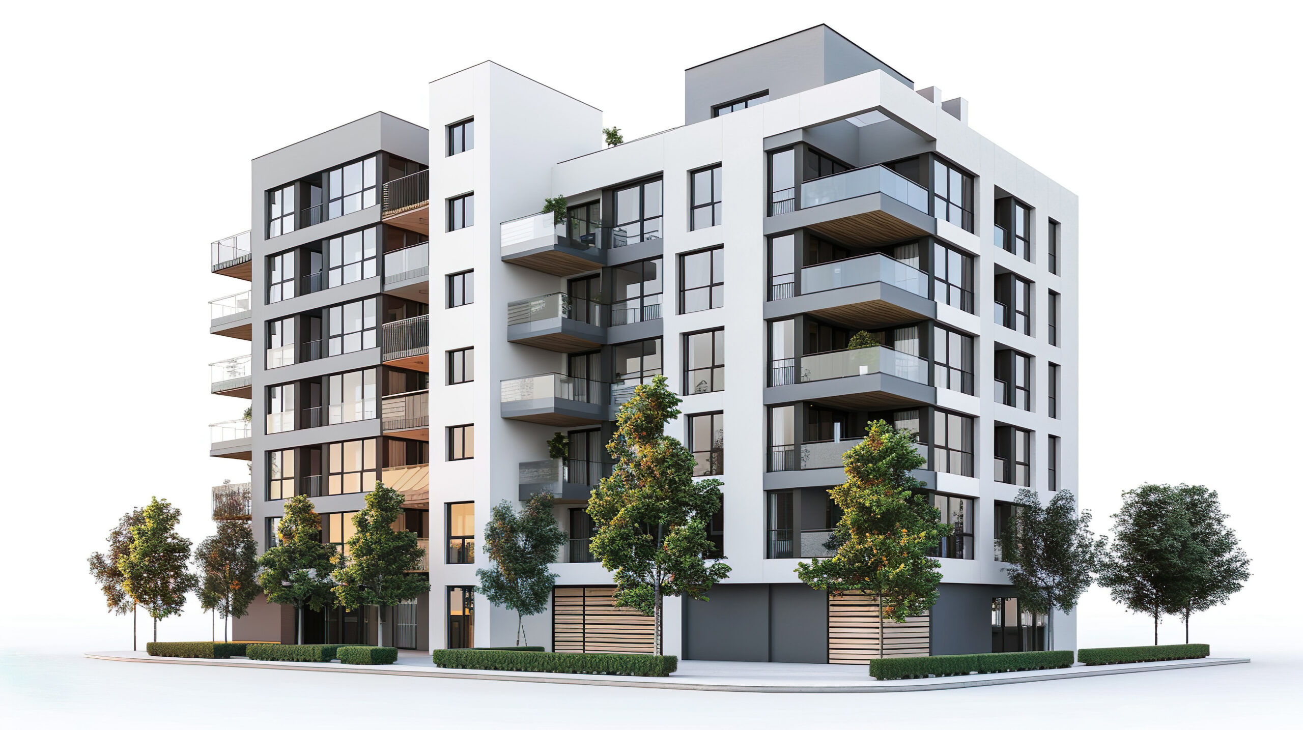 New modern monolithic residential apartment buildings on isolated white background