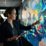 Medium shot of a staff member analyzing parametric insurance triggers on a large digital map with weather indices while background monitors blur softly.