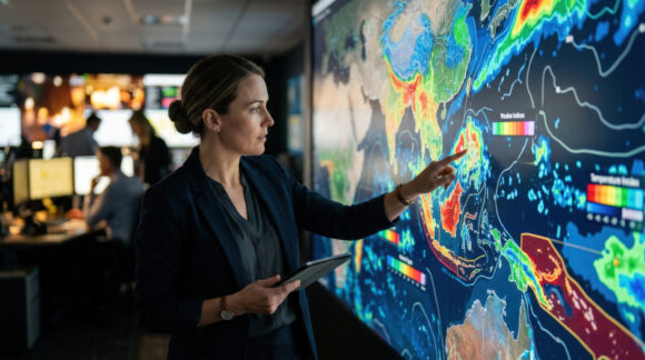 Medium shot of a staff member analyzing parametric insurance triggers on a large digital map with weather indices while background monitors blur softly.
