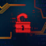 Cyber security concept. Illustration of red opened padlock lock on digital screen, panorama