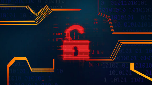 Cyber security concept. Illustration of red opened padlock lock on digital screen, panorama