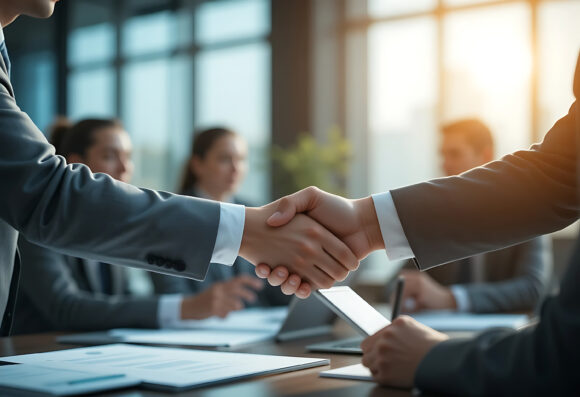 businessman handshake for teamwork of business merger and acquisition