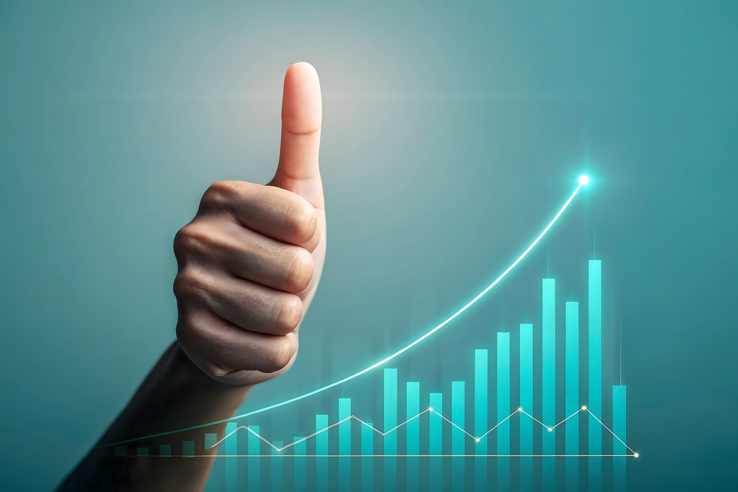 Hand giving thumbs up with a rising financial graph indicating s