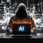 A hooded figure uses a laptop displaying AI while a digital background glows Illustrates cyber threats and AI risks for website security articles.
