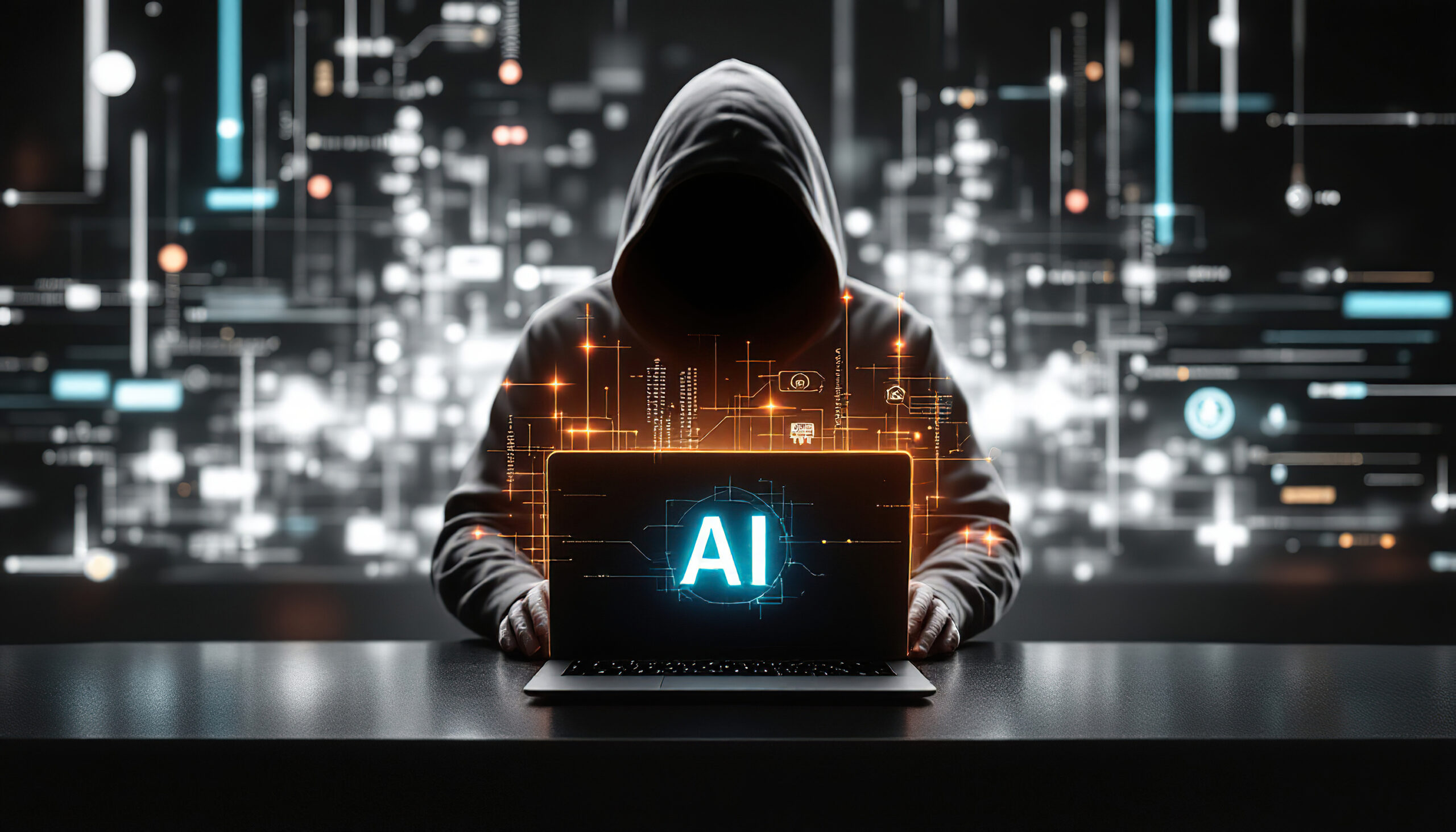 A hooded figure uses a laptop displaying AI while a digital background glows Illustrates cyber threats and AI risks for website security articles.