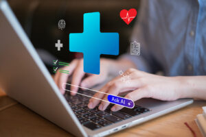 Person using laptop talking AI Artificial intelligence chatbot healthcare analysis assistant innovation medicine diagnosis hospital patient clinic automation robot support