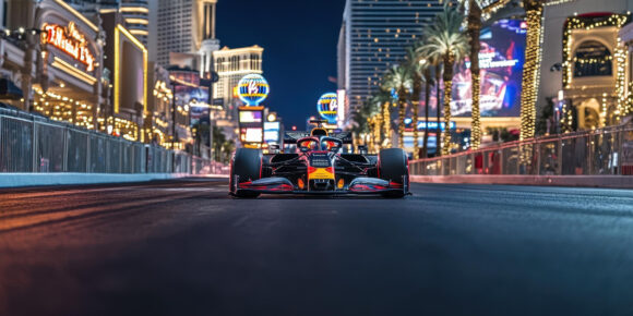 Formula One Car Racing on the Las Vegas Strip at Night