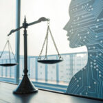 A symbolic image showing the balance of justice with a digital A