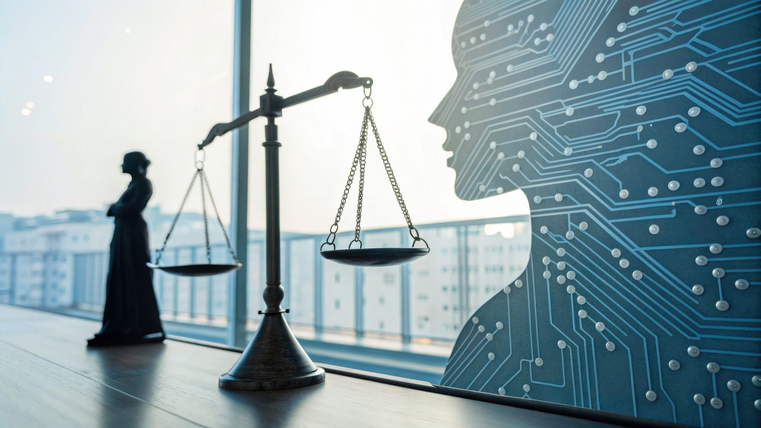 A symbolic image showing the balance of justice with a digital A