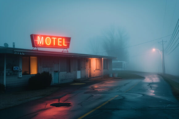 Misty Night at a Neon-Lit Motel