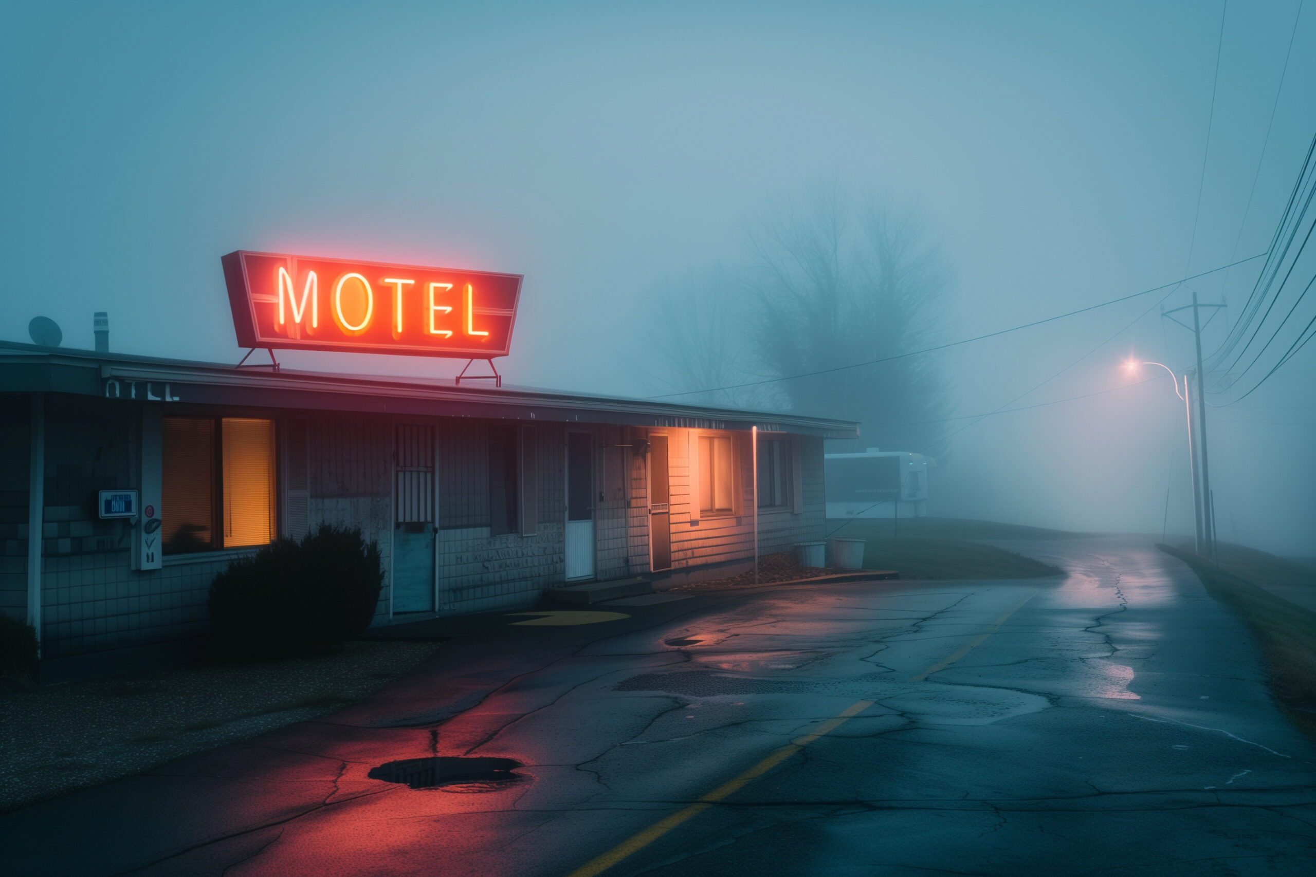 Misty Night at a Neon-Lit Motel