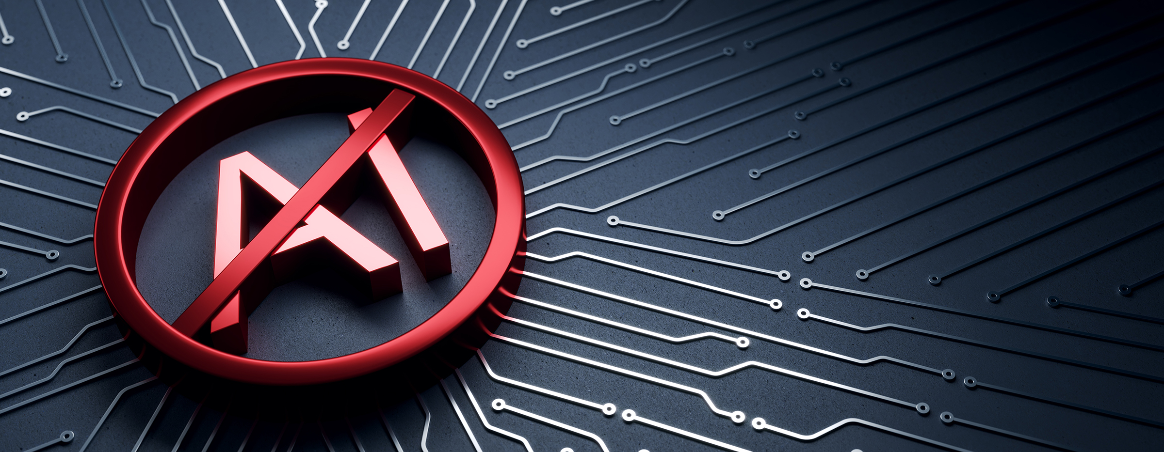 Crossed out AI symbol on circuit board in modern style on dark blue background, concept of artificial intelligence ban and technology regulation, 3D Rendering