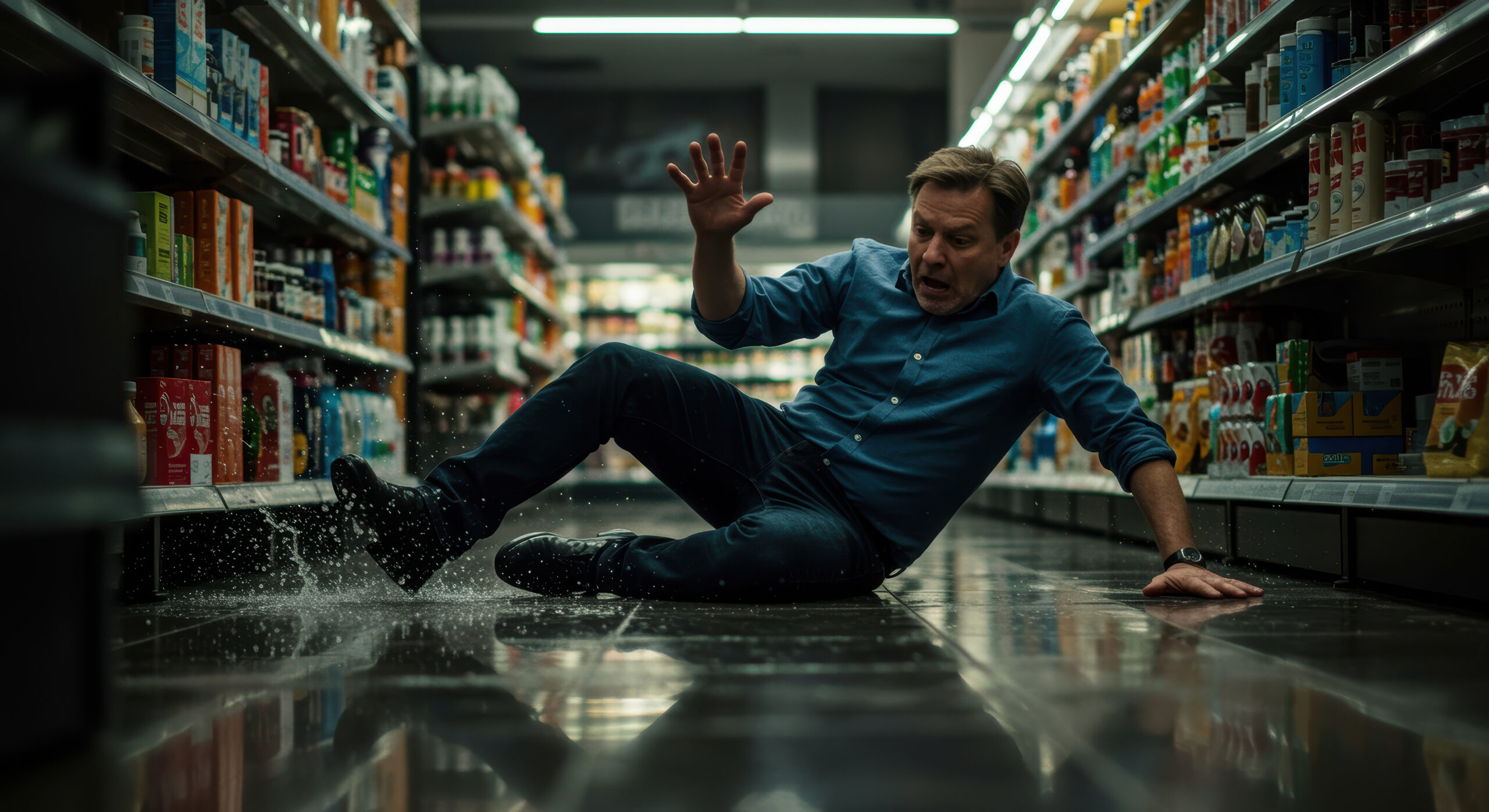 A startled man slips on a wet floor in a grocery aisle, surround