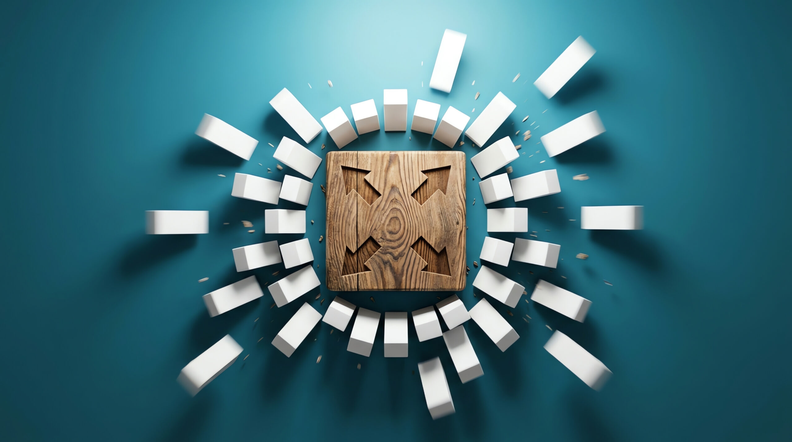 A wooden cube with arrows is at the center of an explosion of white blocks, symbolizing disruption, innovation, and the breaking of traditional boundaries.