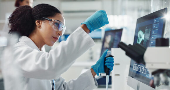 Glass vial, pipette and woman scientist in laboratory for medical study, research or experiment. Test tube, dropper and professional female person with chemical liquid for pharmaceutical innovation