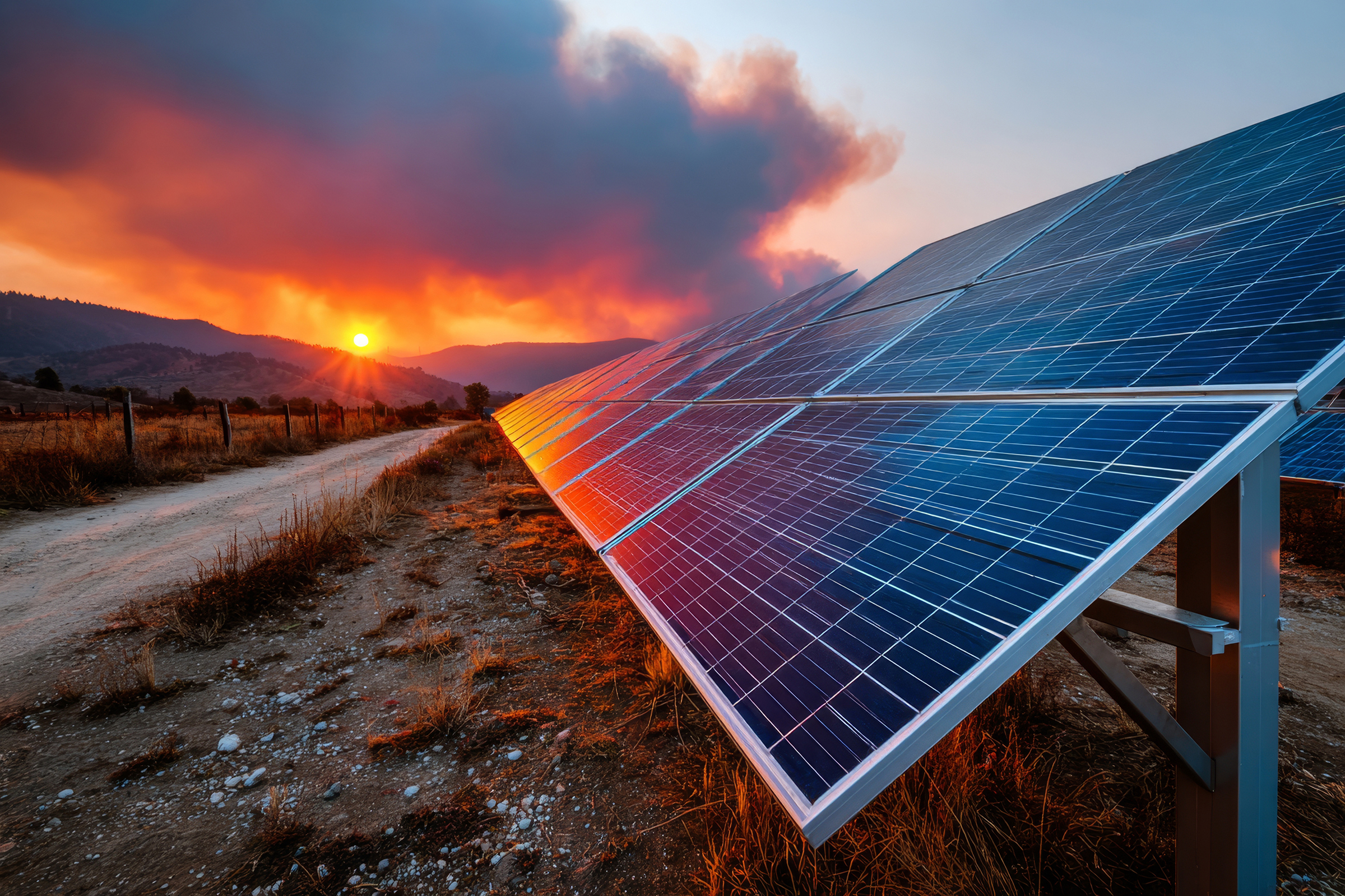 Large solar panel array stands in a dry, rural landscape as smoke from wildfires fills the sky. The dramatic sunset emphasizes the contrast between renewable energy efforts and ongoing environmental threats.