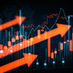 Financial trading chart with rising arrows in digital style on dark background, concept of market growth, investment and forex movement