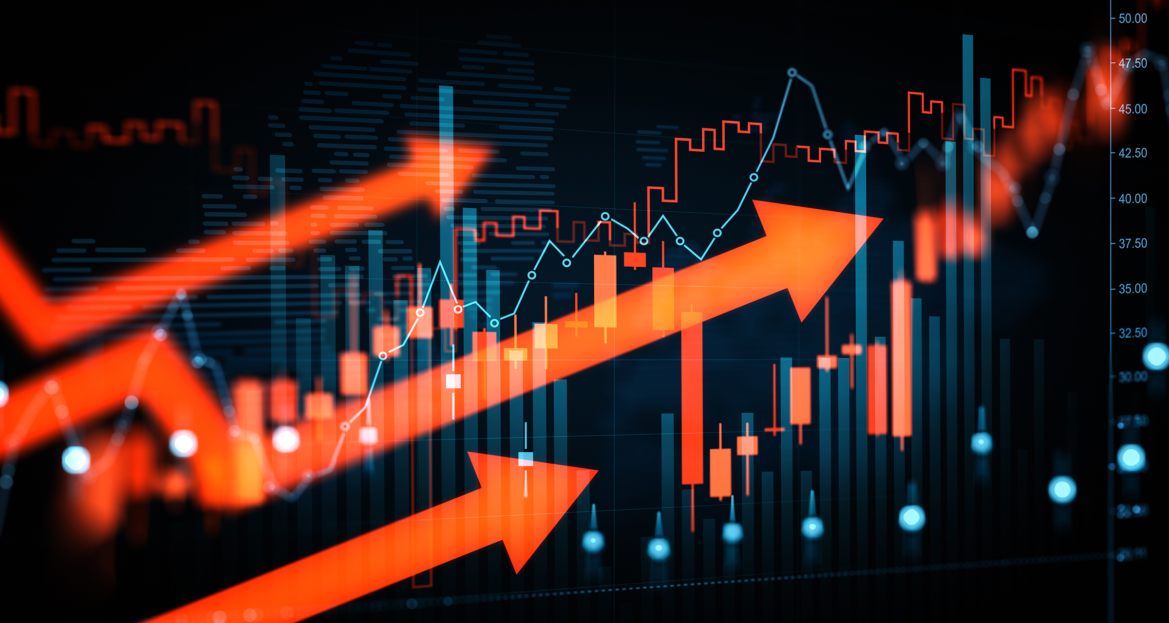 Financial trading chart with rising arrows in digital style on dark background, concept of market growth, investment and forex movement