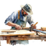 Watercolor illustration of a carpenter working on wood, showcasing craftsmanship, woodworking, skill, dedication, and construction.