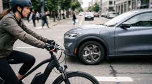 Woman cycling an electric bike in the city street with cars pass