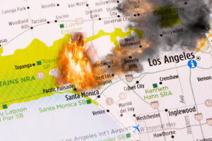 Los Angeles County, California - January 2025 - Wildfire Map Smoke Fire Pacific Palisades, Santa Monica, Eaton, Hollywood Hills, Malibu Disaster Zones