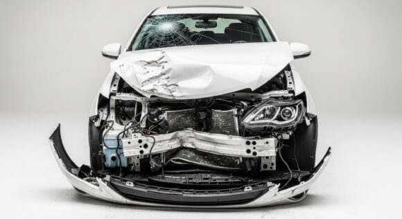 Damaged white car with crumpled hood and broken bumper