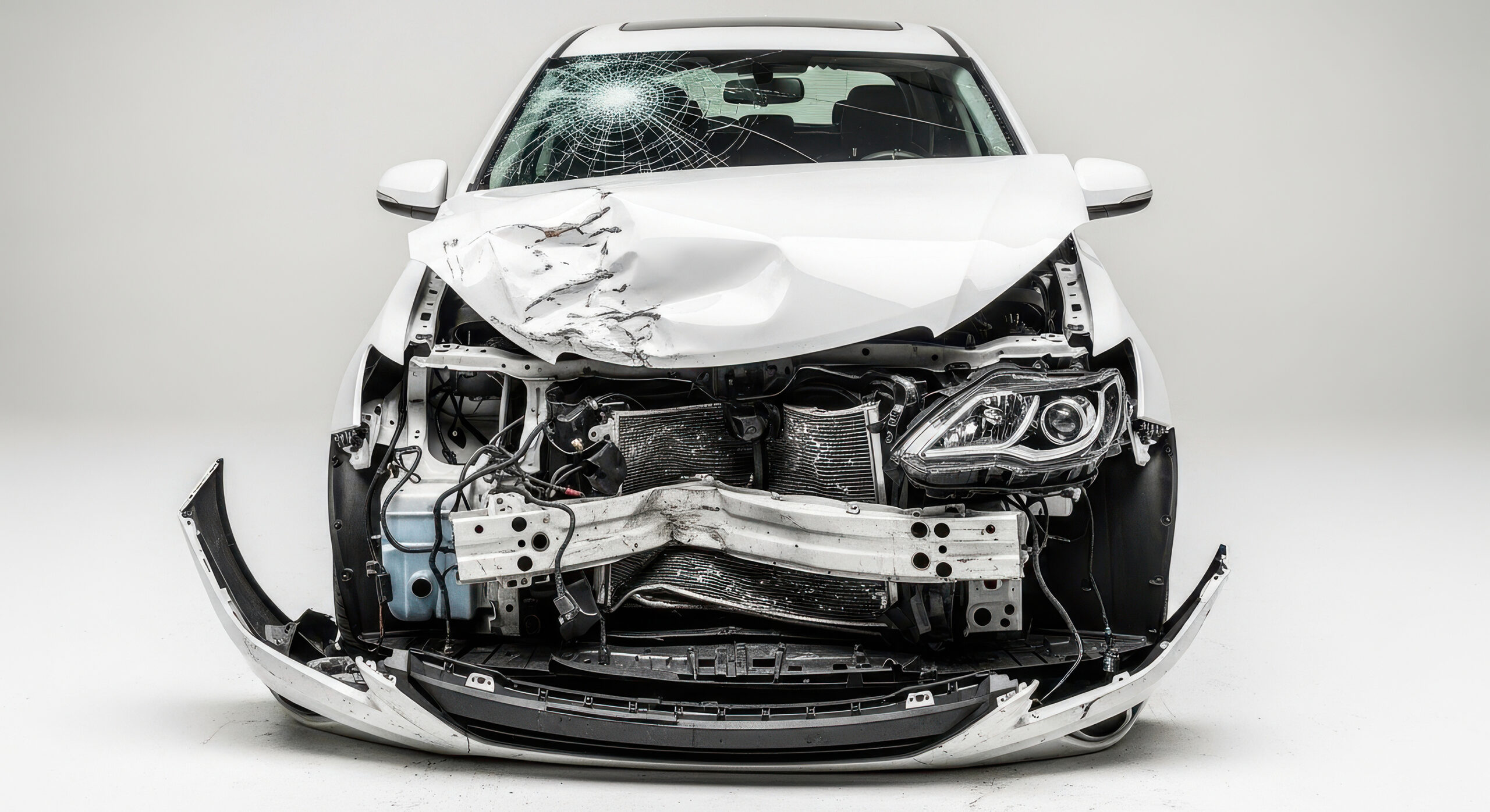 Damaged white car with crumpled hood and broken bumper