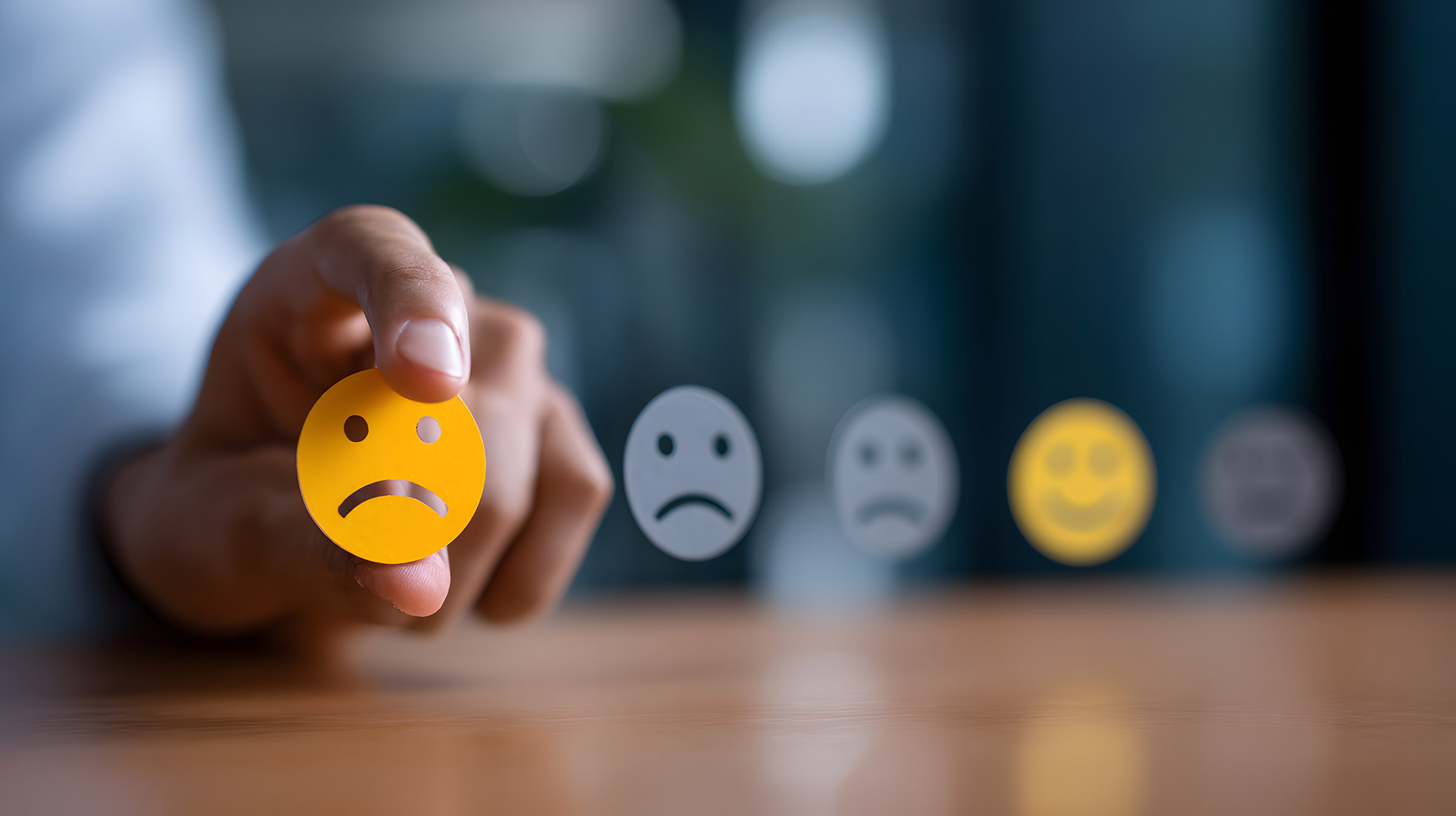 Businessman pressing unhappy customer feedback icon on digital ratings