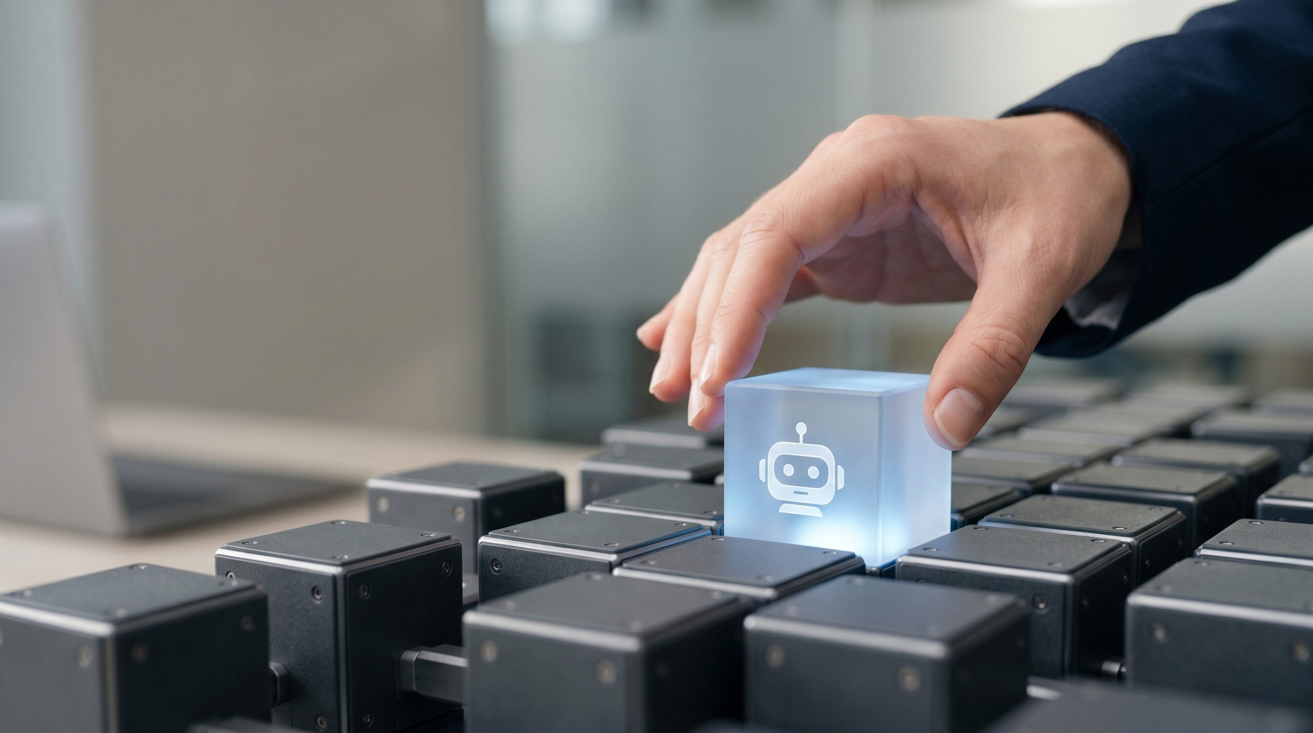 Human hand placing a glowing chatbot cube onto a grid of devices