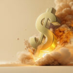 generated image of a large gold dollar sign on fire with a large trail of smoke