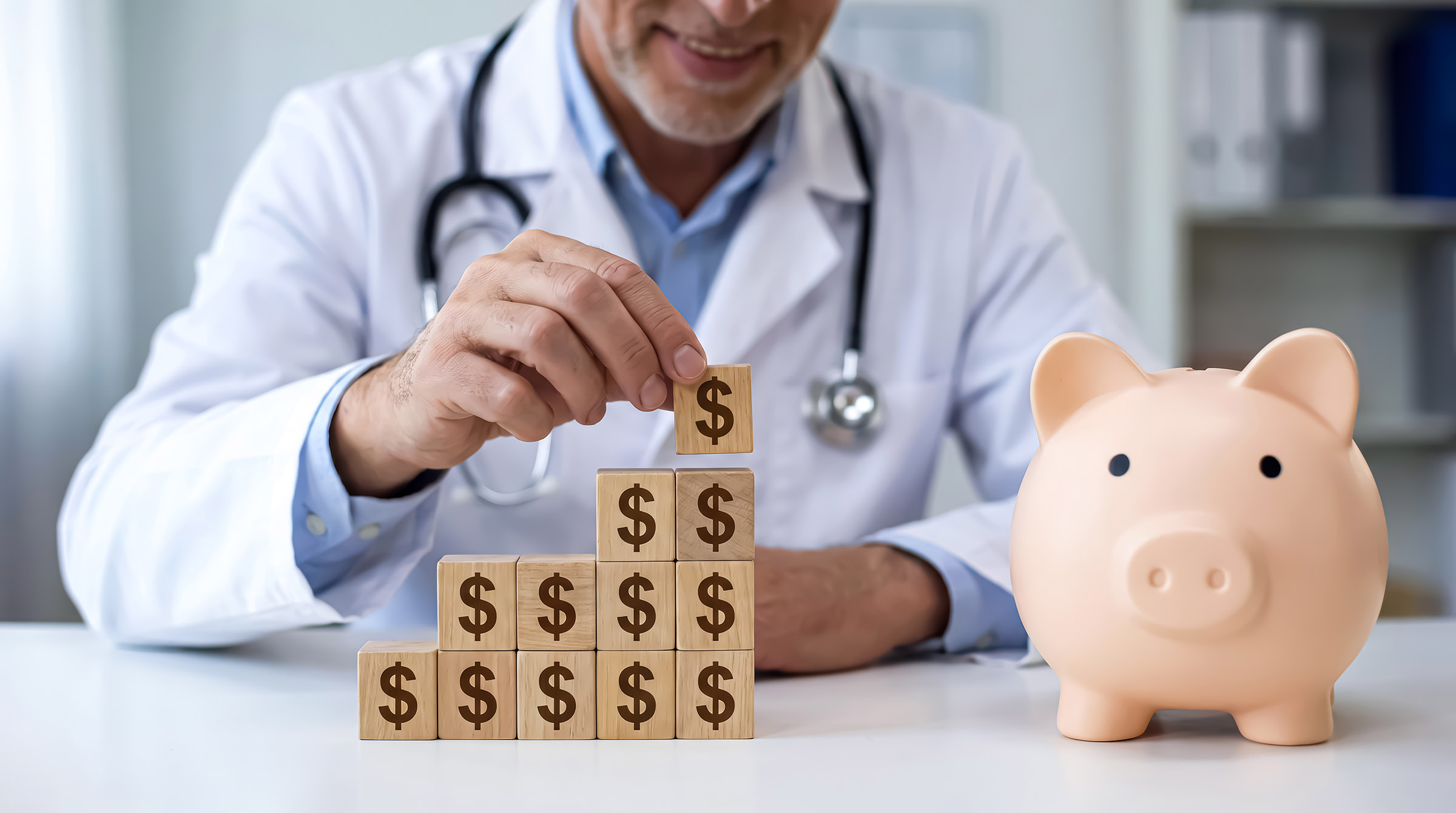 A male doctor in a white coat stacking wooden blocks with dollar signs