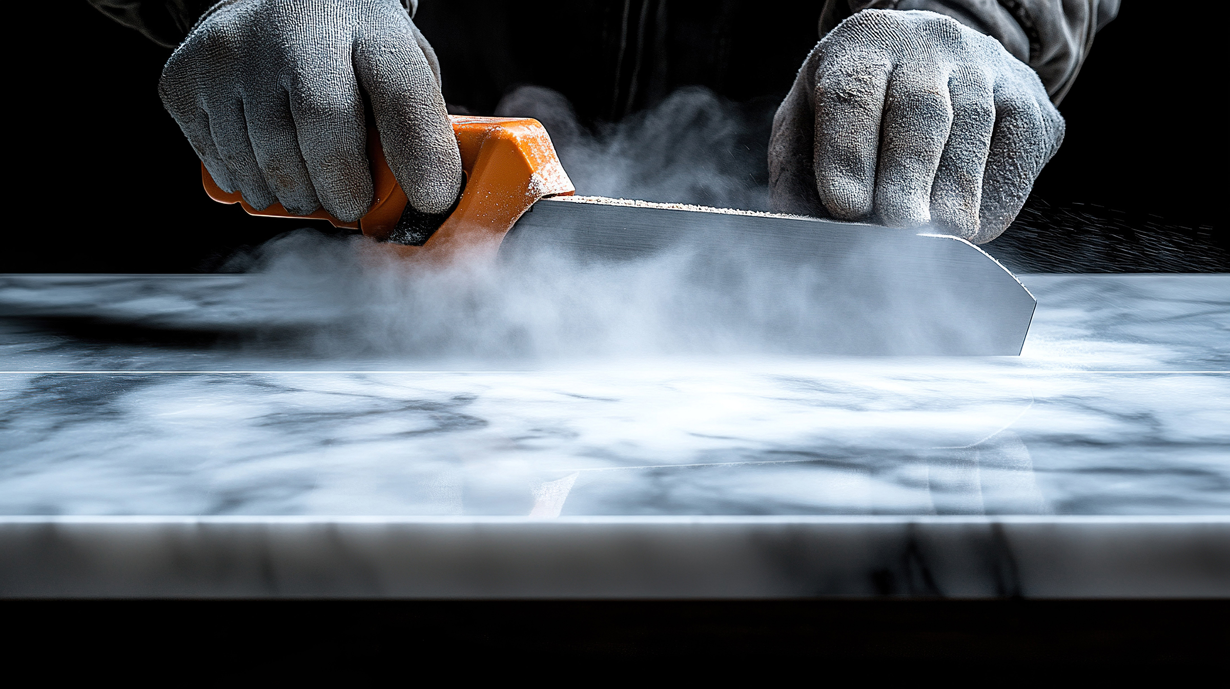 Gloved hands polishing marble slab with power tool, dust cloud, dark background, countertop use