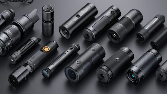 A black aluminum silencer sits on a wooden surface.