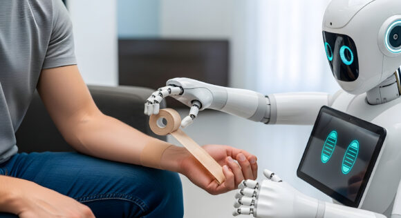 A humanoid robot carefully applies a bandage to a person's arm,