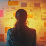 Silhouette of a woman studying a wall covered in sticky notes and strategy plans