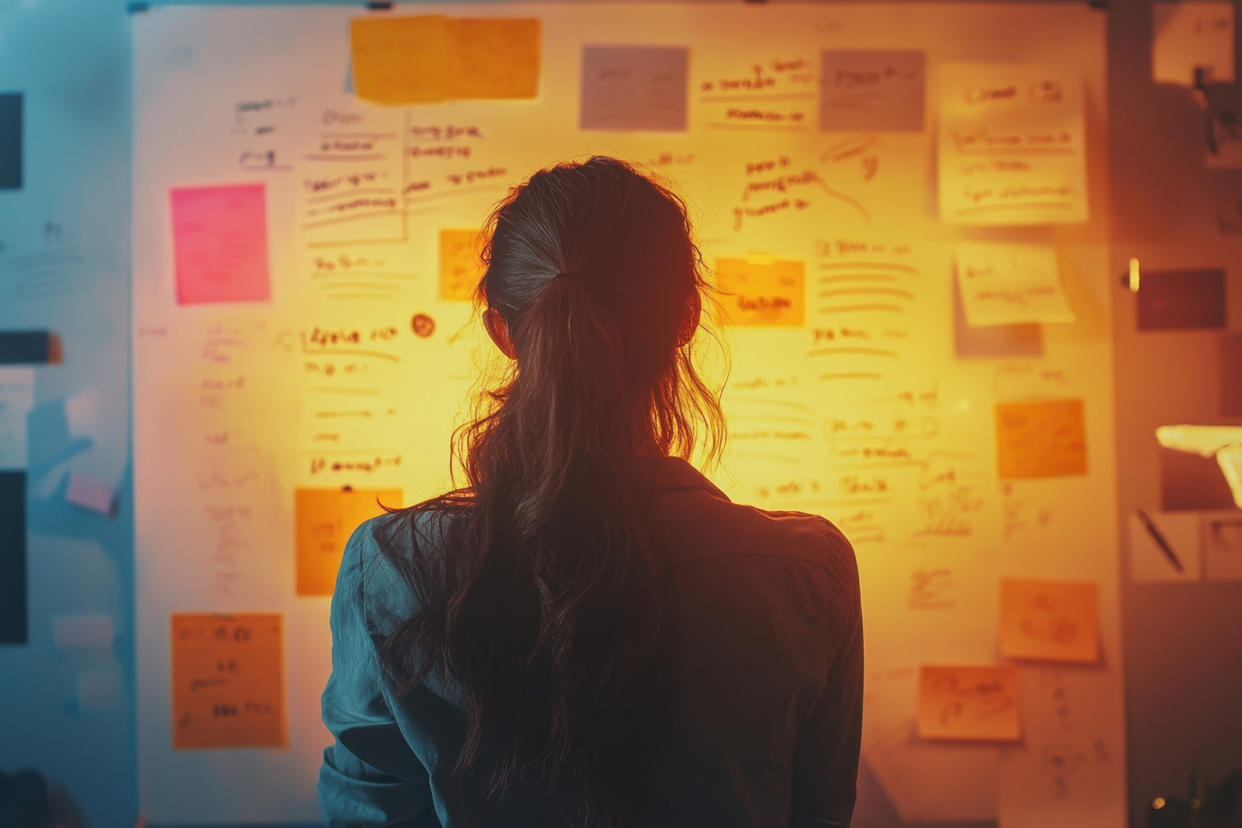 Silhouette of a woman studying a wall covered in sticky notes and strategy plans