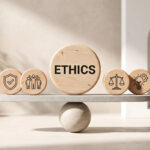 Business ethics and corporate governance concept featuring wooden pucks with various symbols.