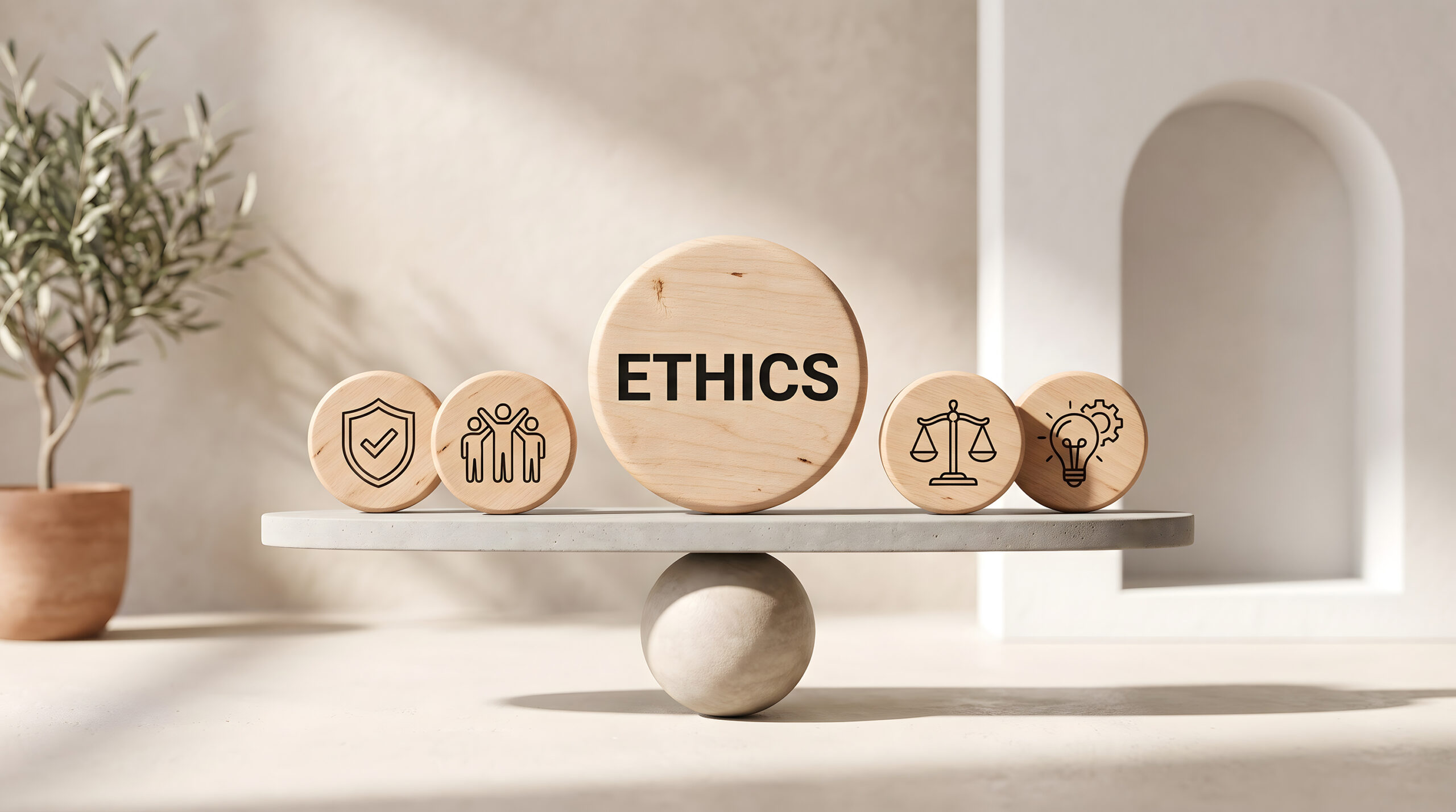 Business ethics and corporate governance concept featuring wooden pucks with various symbols.