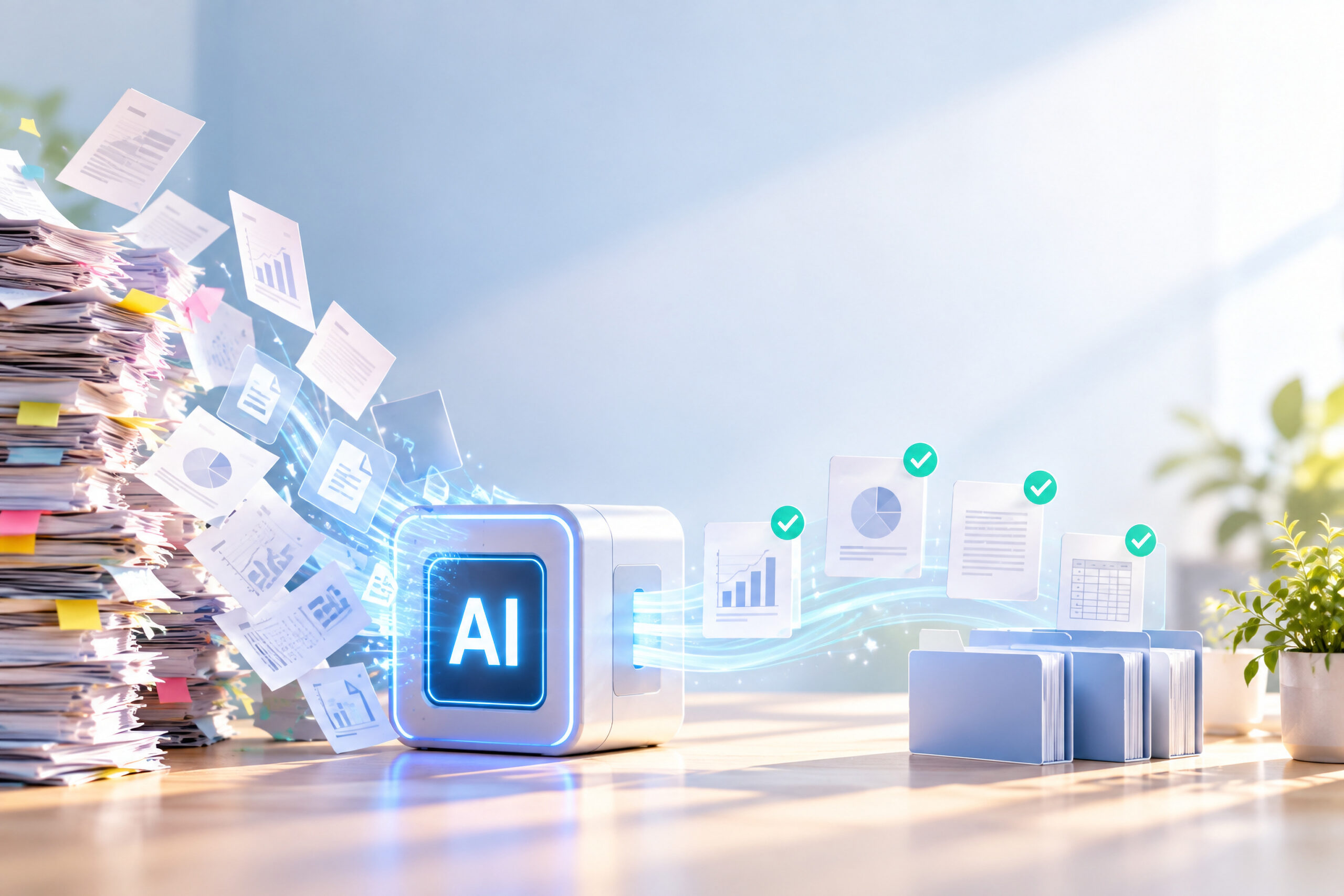 A glowing AI device turns stacks of paper documents into organized digital files and charts