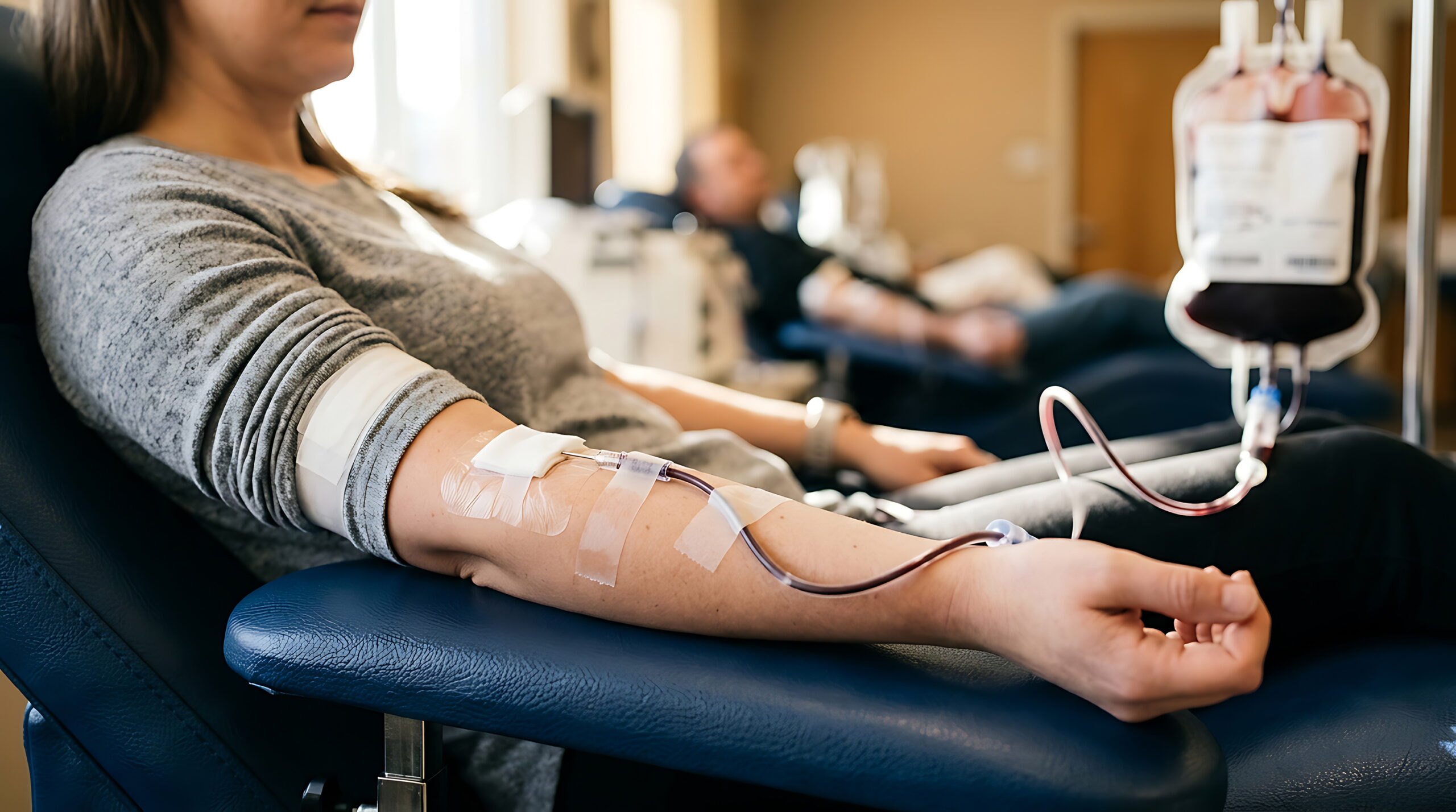 Patient donating blood in a clinic, with a blood bag and IV tubing in the foreground