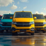 A row of brightly colored commercial vans, led by a yellow van, parked side by side