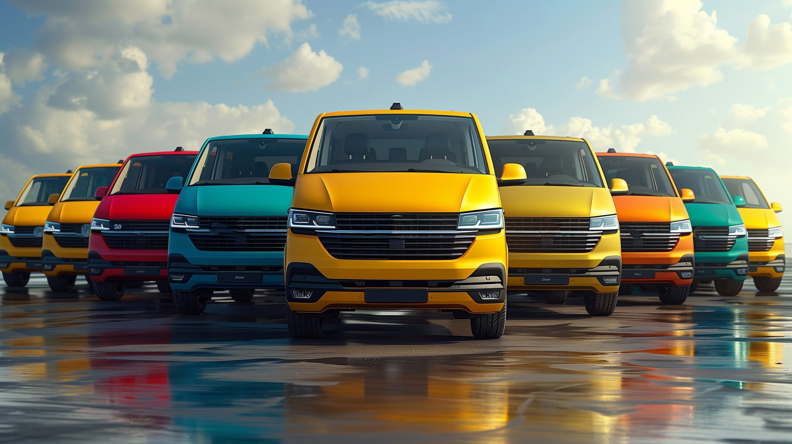 A row of brightly colored commercial vans, led by a yellow van, parked side by side