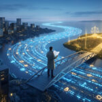 A person in a long coat stands on a bridge over a glowing river of digital data running between a city of server towers and a landscape of illuminated icons